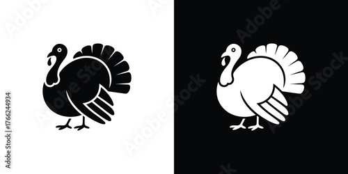 Standing Turkey Bird Silhouette on Two Tones; Cartoon Poultry Animal Symbol