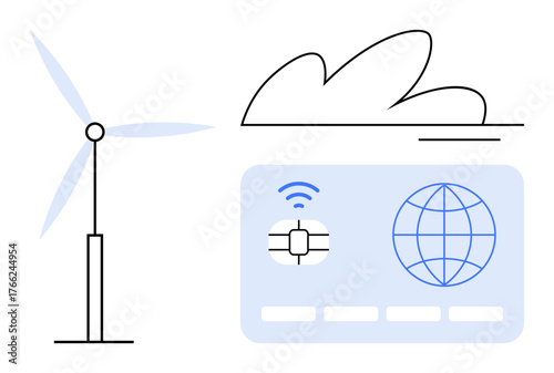 Wind turbine beside a cloud and global chip-enabled card. Ideal for sustainability, renewable energy, technology, connection, digital transformation, clean energy, smart solutions. Simple flat