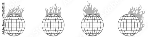 Set Y2K planet wire ball and  flame vector for late 90s, early 2000s, and cyber aesthetics. A collection of futuristic, low-poly globe elements