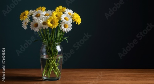 Wallpaper Mural Freshly cut white and yellow daisy flowers arranged neatly in a clear glass vase on a wooden table, symbolizing innocence and springtime joy ,bright ,green ,gift Torontodigital.ca