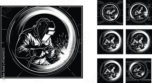 Welding worker silhouette, sparks flying, protective gear, metalwork illustration, industrial skill, circular frame, black icon, manufacturing process, safety