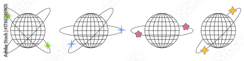Set Y2K planet wire ball and ring with star  vector for late 90s, early 2000s, and cyber aesthetics. A collection of futuristic, low-poly globe elements