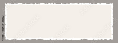 Wide torn paper frame background. White and beige blank sheet wallpaper with jagged edges. Ripped grunge page template for poster, text box, banner, collage, sticker. Vector rectangle craft backdrop