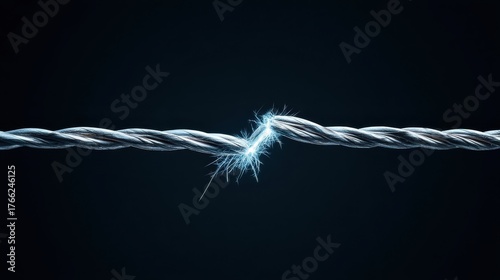 Close-up of twisted wire with electric spark against dark background.