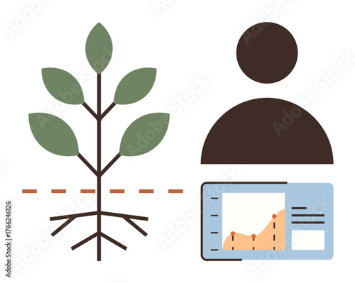 Plant with roots, human figure, and analytics dashboard representing growth, sustainability, ecology, data analysis, environmental care, technology and research. Ideal for innovation concepts