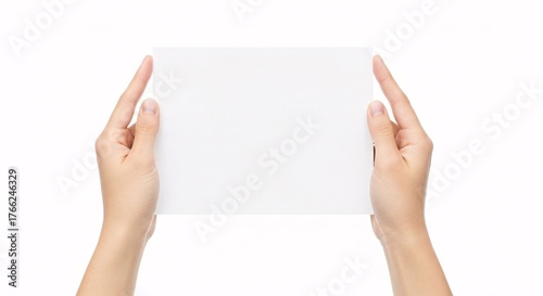 Illustration of female hand holding blank paper sheet isolated on white background