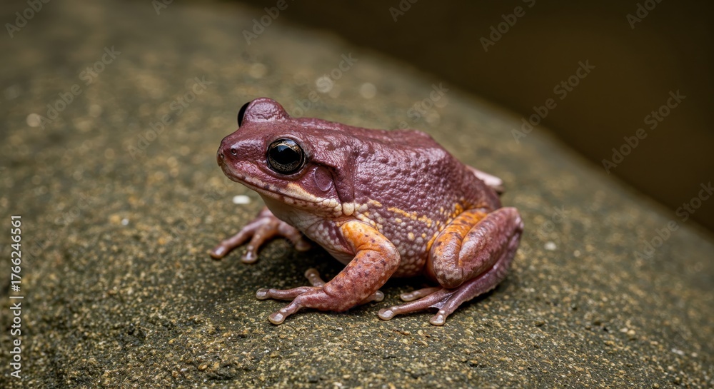 Obraz premium Vibrant Frog on Stone: A close-up shot of a colorful frog perched atop a textured stone, its bright eyes reflecting the surrounding environment.