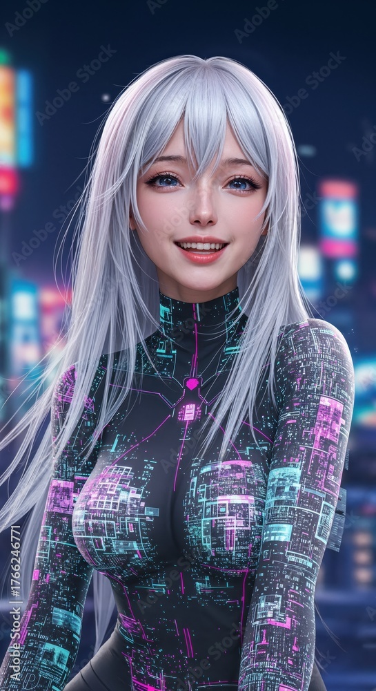 Fototapeta premium Digital Serenity: A radiant woman with flowing silver hair and digital-inspired attire, smiling warmly against the backdrop of a futuristic cityscape.