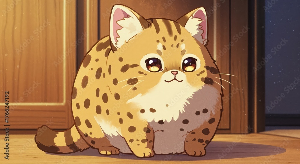 Fototapeta premium Cute Cat Illustration: An adorable, round cat illustration with a distinctive spotted coat and big, expressive eyes, bringing a sense of warmth and cheer.