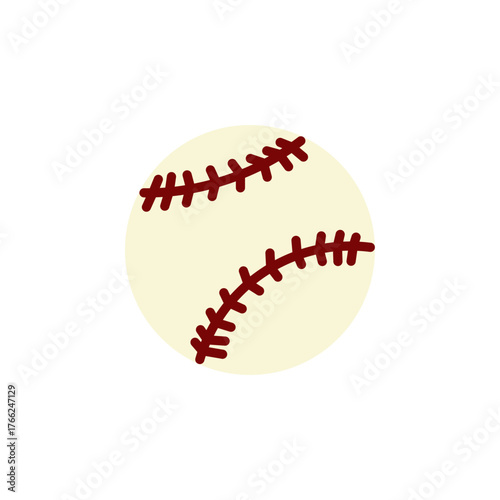 flat design of baseball. It features a light cream or off-white colored ball with prominent red-brown stitching. The stitching forms the characteristic figure-eight pattern seen on a baseball
