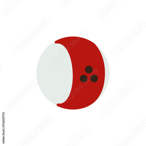 flat design of This image displays a stylized bowling ball. It is depicted as a sphere with two distinct colored sections: one side is a light grey or off-white, and the other side is red