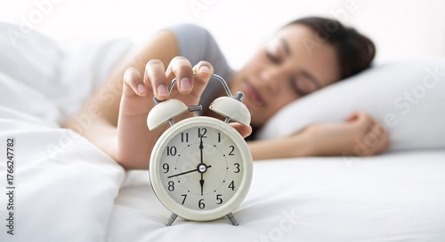 Illustration of woman turning off alarm clock in the morning