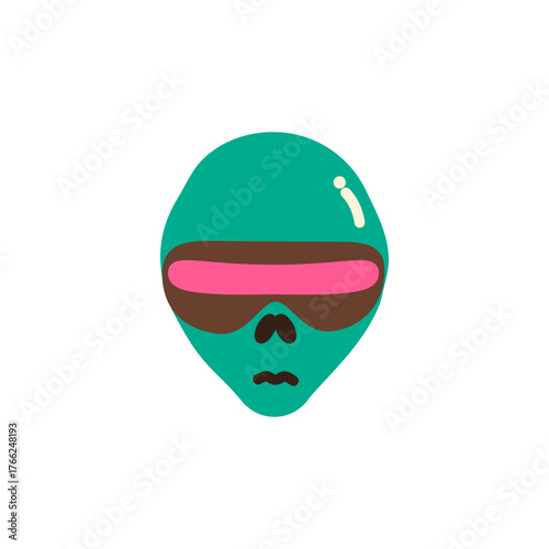 flat design of Behold the Cosmic Observer! This teal alien sports oversized sunglasses with pink lenses, a small mouth, and a bold black outline