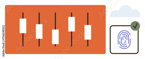 Candlestick chart for financial analysis paired with a fingerprint icon showcasing biometric security, cloud integration, and validation. Ideal for finance, security, technology, identity, analysis