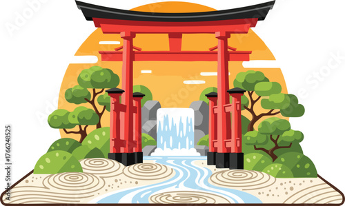 A vibrant illustration showcases a traditional Japanese torii gate set against a warm sunset, with a waterfall, lush greenery, and a serene zen garden in the foreground.