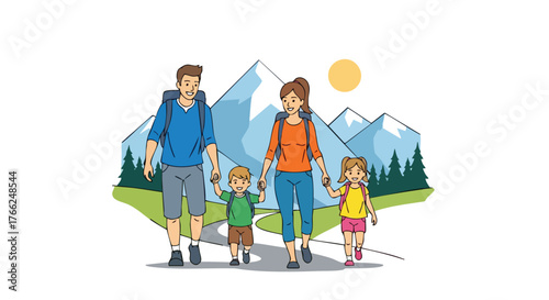 A family of four enjoys a scenic hike in the mountains, depicted in a cheerful cartoon illustration, with backpacks and a sunny backdrop, representing adventure and togetherness.