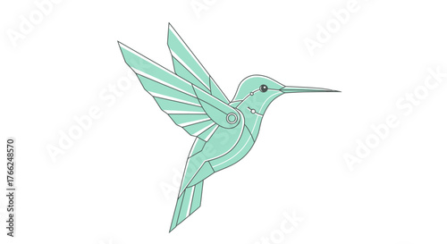 Modern mint green hummingbird design for nature enthusiasts or unique branding projects, evokes serenity and technological advancement in a minimalist style