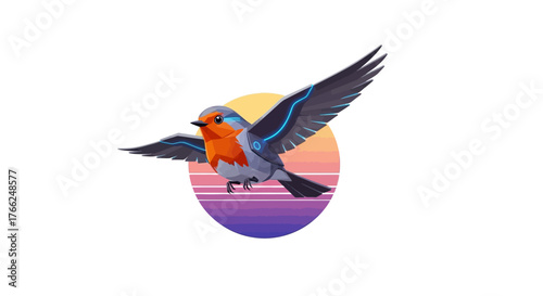 Stunning futuristic robin in flight, a vibrant and modern bird illustration with glowing details against a retro sunset background, perfect for tech themes