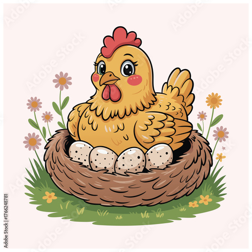 Nesting hen sitting on egg Cartoon mascot flat vector illustration