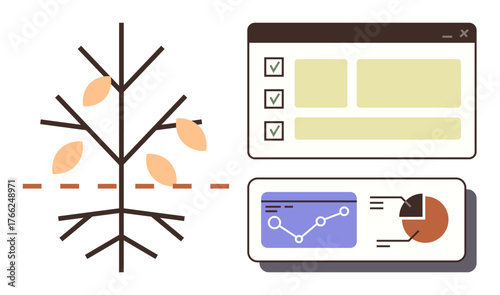 A tree diagram alongside analytics dashboard displaying charts and checklist interface. Ideal for decision-making, data processing, workflow planning, productivity, growth strategy, evaluation