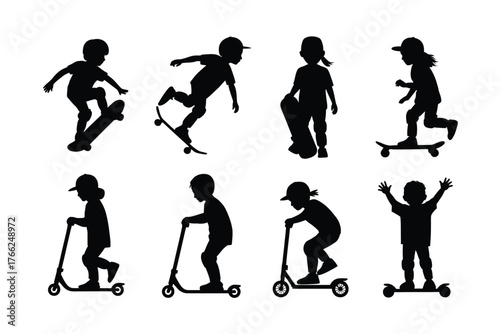 Children silhouettes skateboarding and riding scooters vector