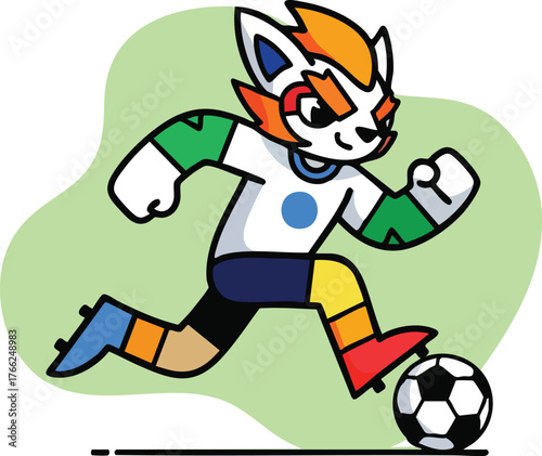 A cartoon fox mascot in a soccer uniform dribbles a soccer ball across a green background, representing sportsmanship and athletic competition in a vibrant illustration.