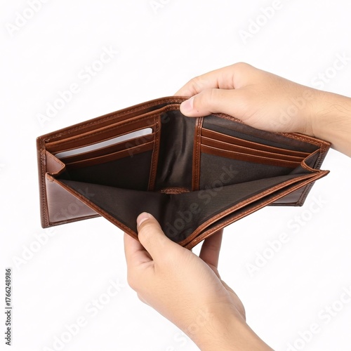 Illustration of empty brown leather wallet in hand isolated on white background for finance