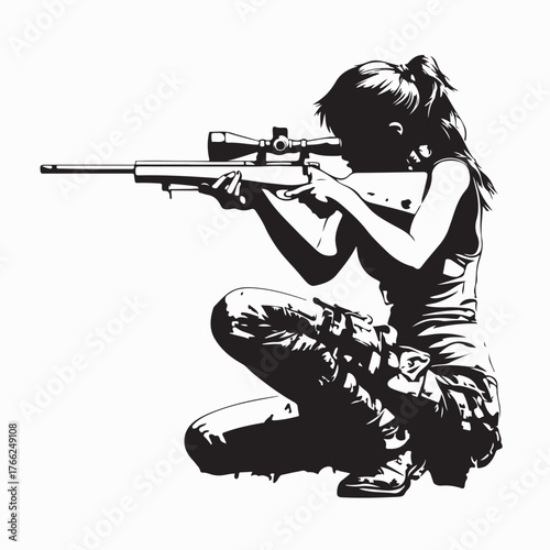 Pretty Female Marksman Silhouette Vector Illustration on white background