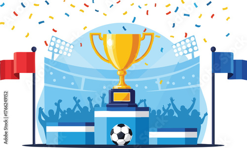 An illustration depicts a winning soccer team's celebration with a golden trophy on a podium, confetti falling, flags waving, and fans cheering in the stadium.