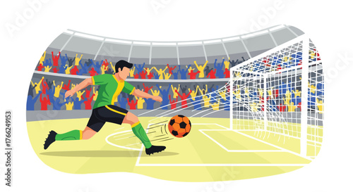 An illustration depicts a soccer player in green and yellow attire kicking a ball towards the goal in a stadium filled with cheering fans, showcasing the energy of the sport.
