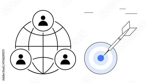 Interconnected network of people alongside an arrow hitting a target center. Ideal for teamwork, collaboration, strategy, precision, leadership, global outreach, business goals. Simple flat metaphor