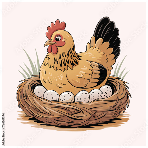 Nesting hen sitting on egg Cartoon mascot flat vector illustration