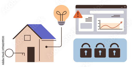 House connected to key, glowing light bulb, browser with analytics chart, locks. Ideal for smart home, security, automation, data visualization energy efficiency innovation control. Simple flat