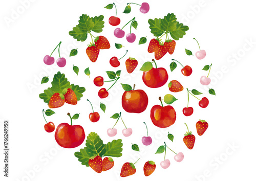 水彩風 かわいい果物（サクランボ・イチゴ・リンゴ）セット Cute Fruit Series:Watercolor style cute fruit (cherries, strawberries, apples) set