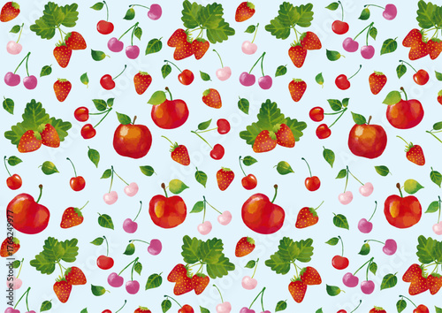 水彩風 かわいい果物（サクランボ・イチゴ・リンゴ）のパターン Cute Fruit Series:Watercolor style cute fruit (cherries, strawberries, apples) pattern