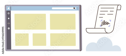 Web browser interface with grid layout next to signed digital document over cloud graphic. Ideal for workflow management, e-signature, technology, documentation, cloud storage, data security, legal