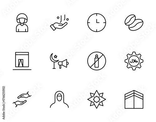 Ramadan, Hajj and Halal Line Icons Set — Charity, Prayer Time, Kaaba