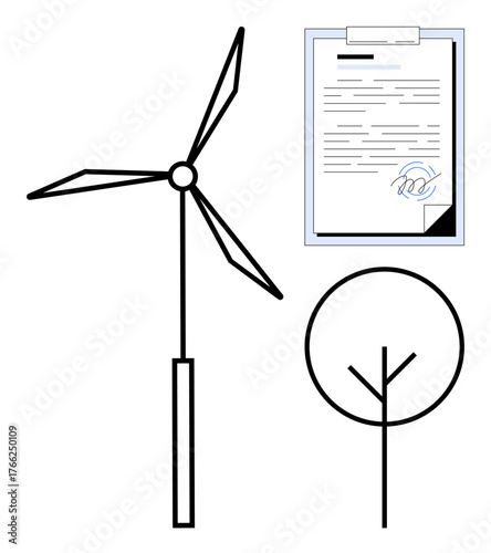 Wind turbine, signed agreement, and tree combining eco-consciousness with renewable energy ideas. Ideal for climate action, clean energy, sustainability efforts, green policies, legal agreements