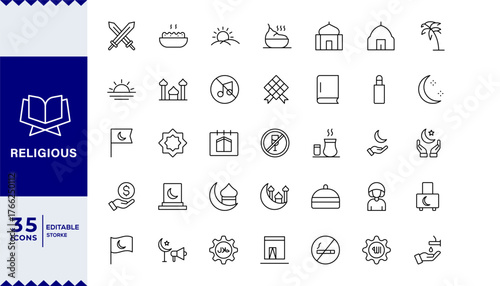Pixel Perfect, Islamic Icon Set.Minimal Religion and Culture Symbol Representing Faith, Mosque, and Spiritual Traditions