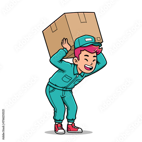 Cartoon vector illustration of a delivery man character worker with a package and uniform