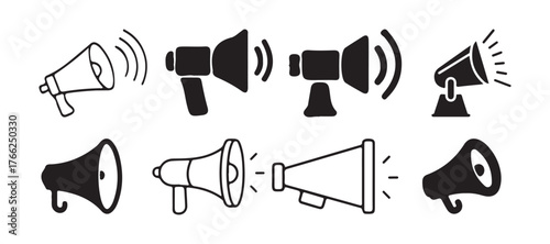 Megaphone icon set of vector silhouettes of music instruments
