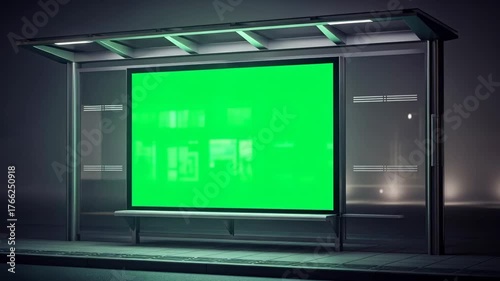 Modern Green Screen Billboard Mockup at Night Bus Stop Shelter, Digital Chroma Key Advertising Display in Urban City Environment with Passing Traffic Background