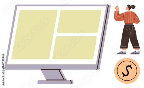 Desktop screen displaying organized sections, woman gesturing explanations, circular financial element. Ideal for business, education, technology, marketing, finance, teamwork consultancy