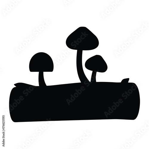 Silhouette of three distinct mushrooms growing from a fallen log in a simple black and white illustration