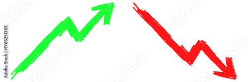 Splat brushes increase decrease arrow vector. Ideal for stock market, growth, and chart data themes. This graphic features up and down arrows with a rough, ink-splatter texture.