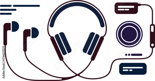 Sound technology graphic icons featuring headphones, earbuds, and audio player elements