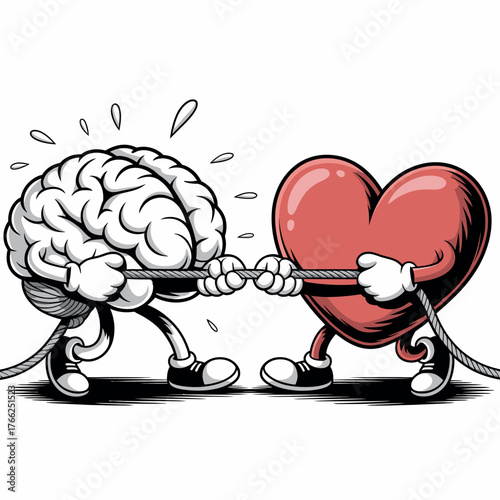 Brain and heart tug of war representing conflict between logic and emotion