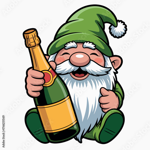 Happy gnome holding a bottle of champagne celebrating