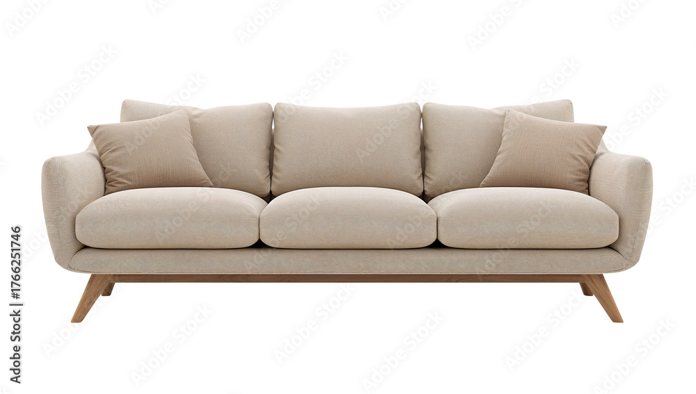 Fototapeta premium Contemporary Beige Three-Seater Sofa with Soft Cushions and Natural Wood Legs