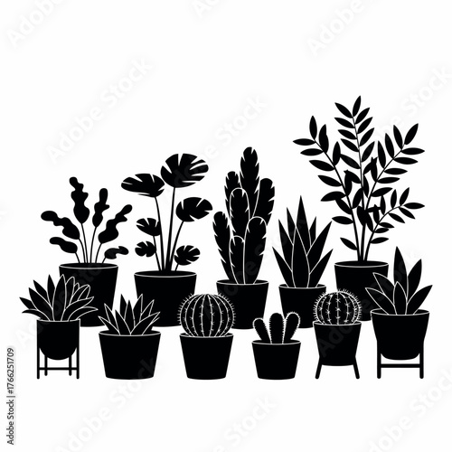 Collection of silhouetted potted houseplants on a white background
